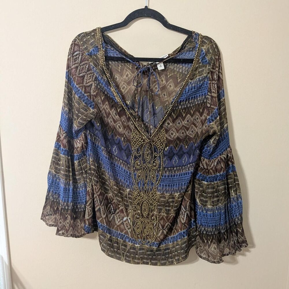 Gothic Fairy Geometric Pattern Top Sheer Beaded Bell Sleeve Blouse Sz M